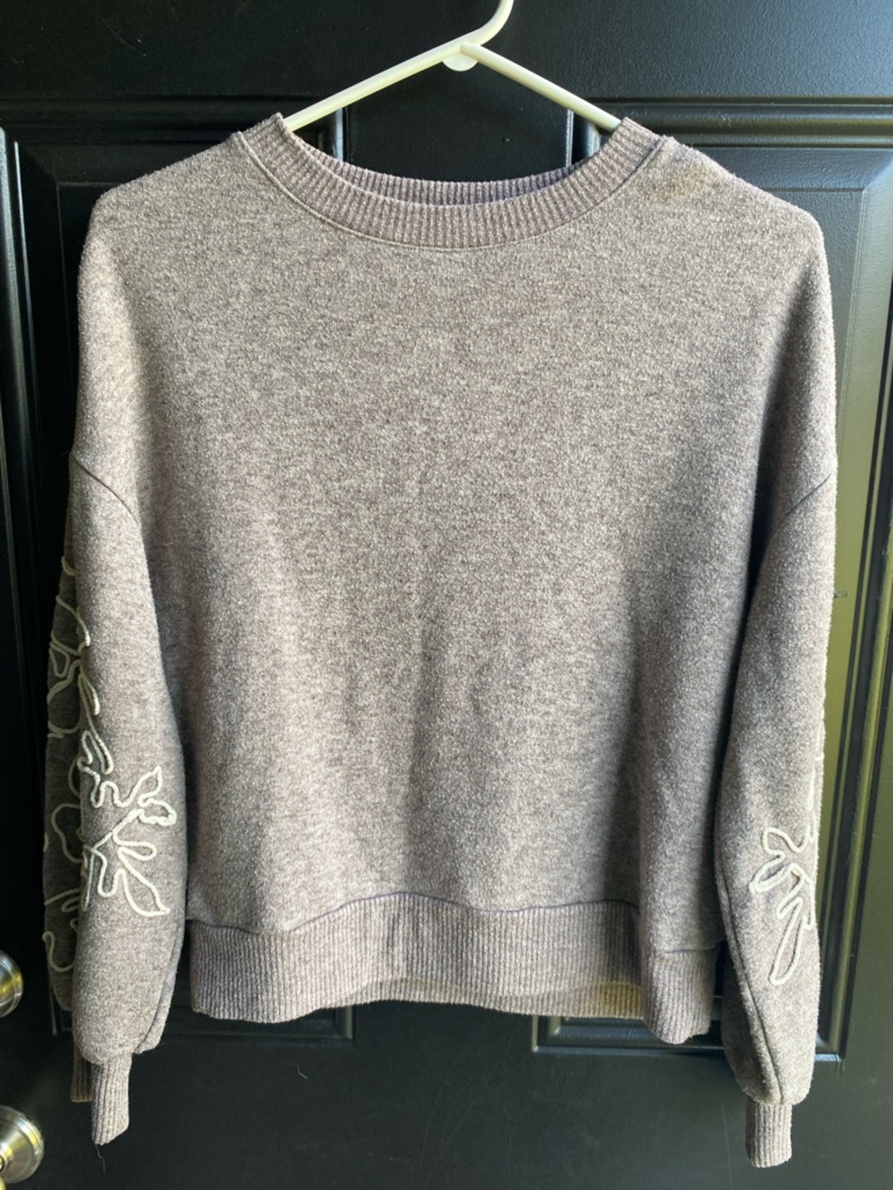 RW&CO. Taupe Crewneck Sweater with Embroidered Sleeves